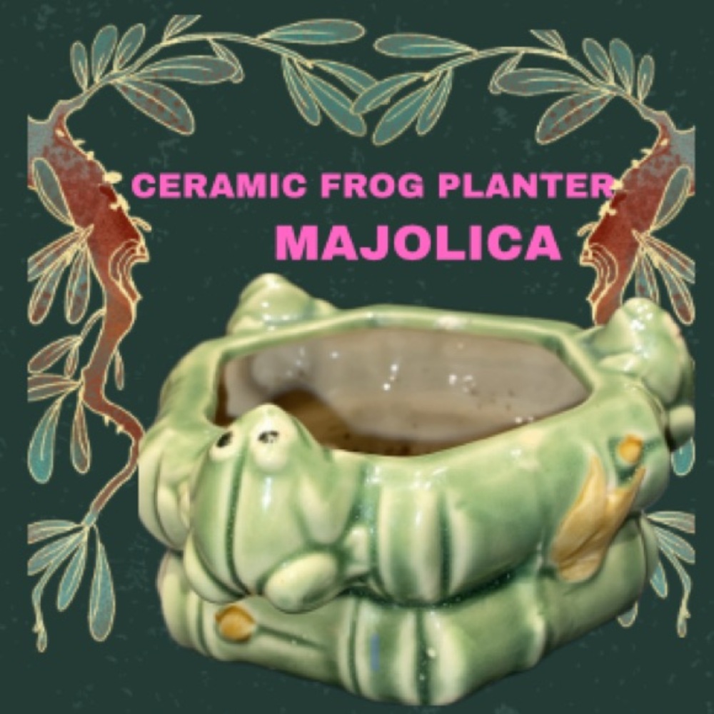 Art Pottery Drip Glaze Frog & Tulip Planter